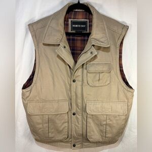 North Bay Men's Khaki Flannel Lined Fishing Hunting Vest Size Large 100% Cotton
